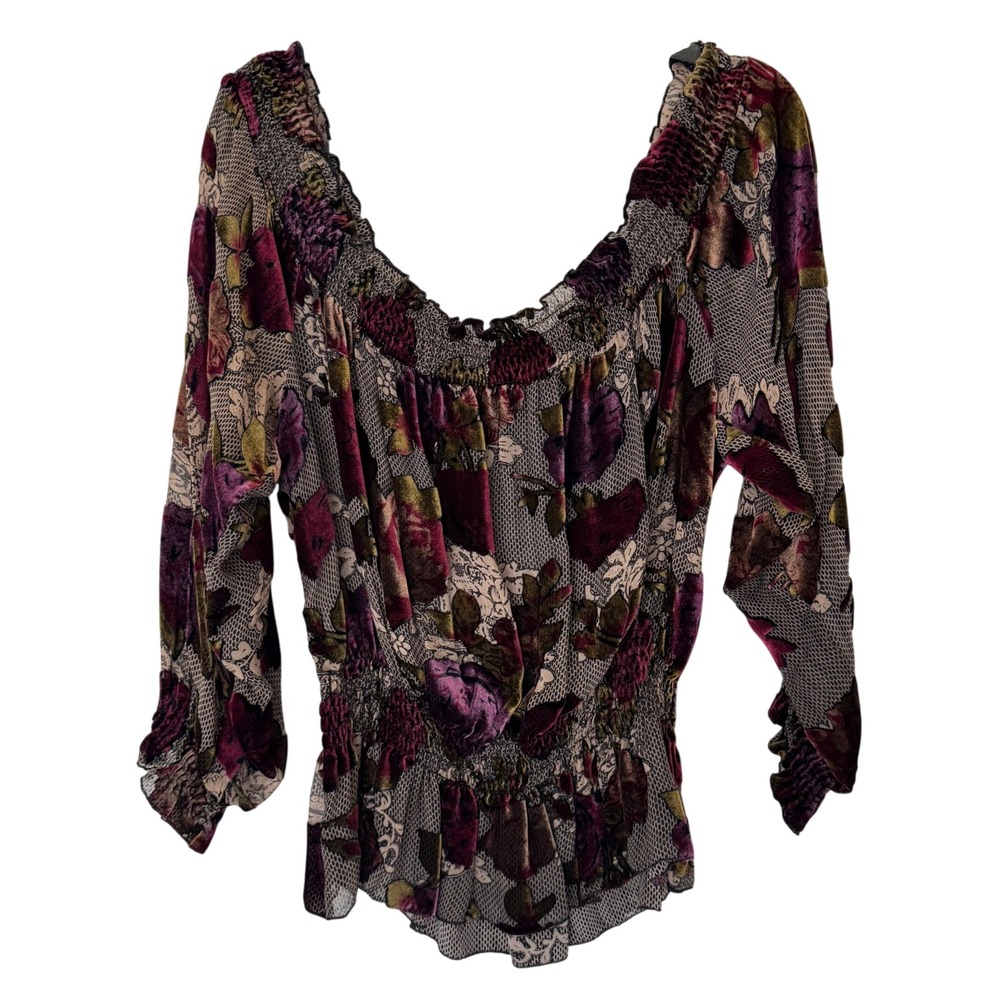 VTG Cache Top Women Large Dark Floral Burnout Velvet Sheer Mesh Y2K Whimsigoth
